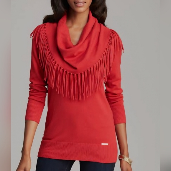 MICHAEL Michael Kors Fringe Cowl Neck Tunic Sweater Medium Red - Picture 1 of 9